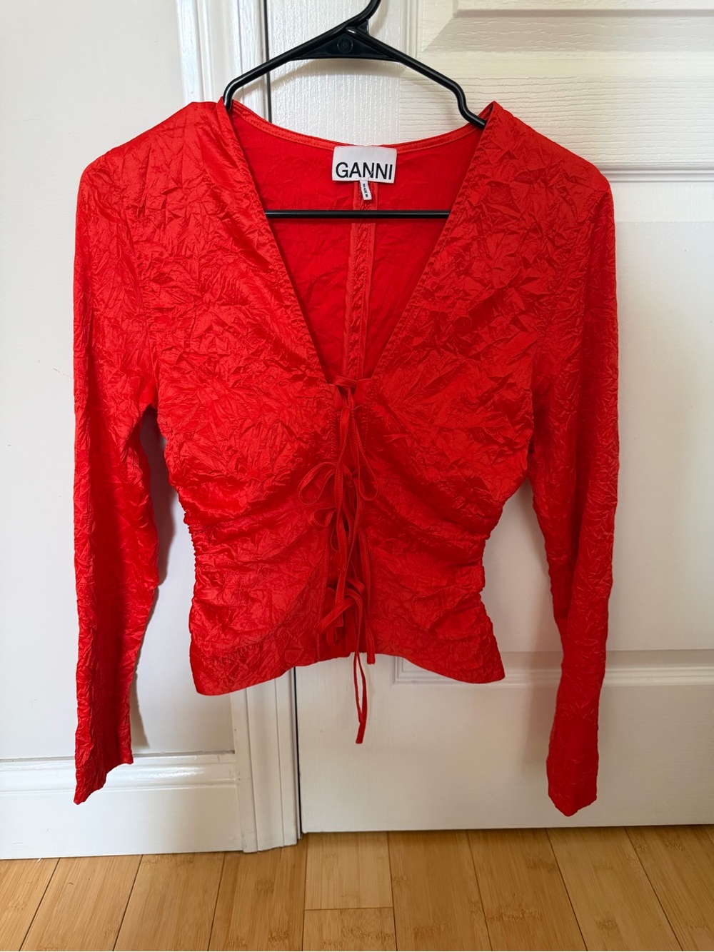 Ganni Red Ruched V-Neck Long Sleeve Top